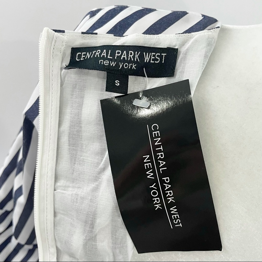 New Central Park West Balloon Sleeve Layered Peplum Striped Cotton Shirt - Picture 15 of 16